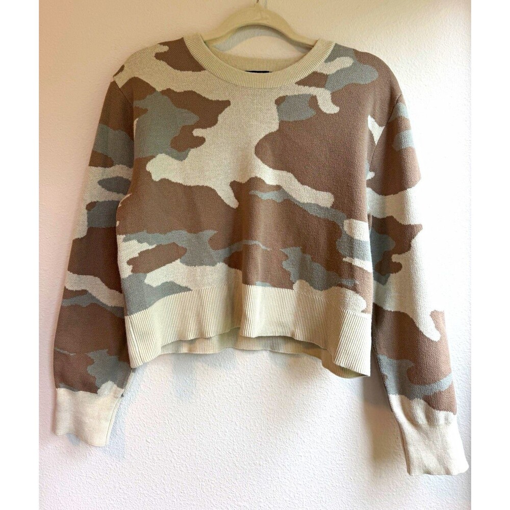 DKNY Brown/Beige/Gray Camo Knit Crewneck Long Sleeve Pullover Cropped Sweater M